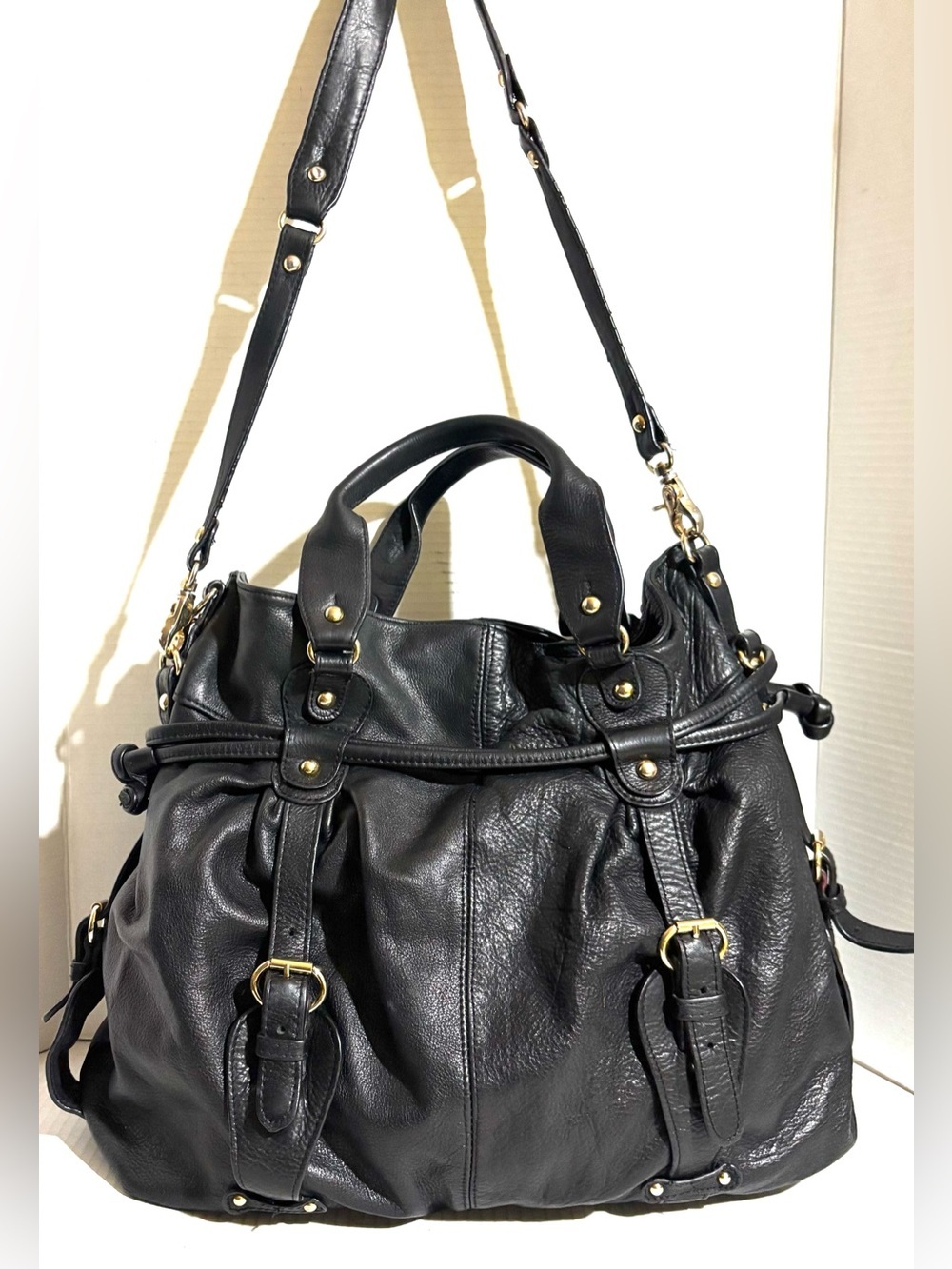 Sabina Black Leather Shoulder Bag with Gold Hardware